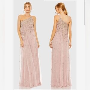 Mac Duggal One Shoulder Embellished Trapeze A Line Gown Porcelain Gold SZ 8 NWT
